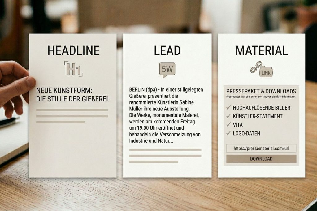Die Kunst der Pressemitteilung: Wie du Redakteure wirklich erreichst 3 Eine Komposition aus drei weißen Karten, die senkrecht auf einem hellen Holztisch stehen und jeweils einen Teil einer Pressemitteilung darstellen: "Headline", "Lead" und "Material". Links hält eine Hand eine Karte, die mit "Headline" und "H1" überschrieben ist, sowie dem Titel "Neue Kunstform: Die Stille der Gießerei." Die mittlere Karte zeigt "Lead", "5W" und den Einführungstext zur Ausstellung. Die rechte Karte ist mit "Material", "Link" und einer Liste von Downloads wie hochauflösenden Bildern und einer URL versehen.