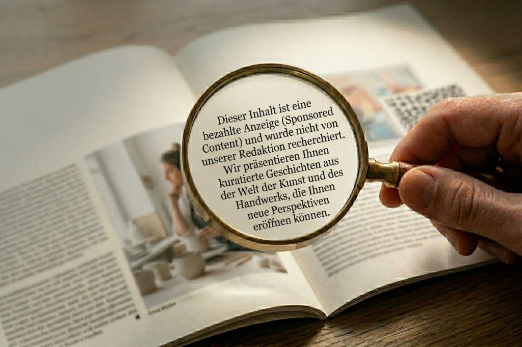 Eine Nahaufnahme einer Hand, die eine Messinglupe &uuml;ber ein offenes Magazin h&auml;lt, das auf einem Holztisch liegt. Die Lupe vergr&ouml;&szlig;ert einen klaren Textblock auf der Seite. Der vergr&ouml;&szlig;erte Text lautet: &bdquo;Dieser Inhalt ist eine bezahlte Anzeige (Sponsored Content) und wurde nicht von unserer Redaktion recherchiert. Wir pr&auml;sentieren Ihnen kuratierte Geschichten aus der Welt der Kunst und des Handwerks, die Ihnen neue Perspektiven er&ouml;ffnen k&ouml;nnen.&ldquo; Die restlichen Seiten des Magazins sind leicht unscharf und zeigen Illustrationen und Textspalten. Die Beleuchtung ist weich und nat&uuml;rlich.