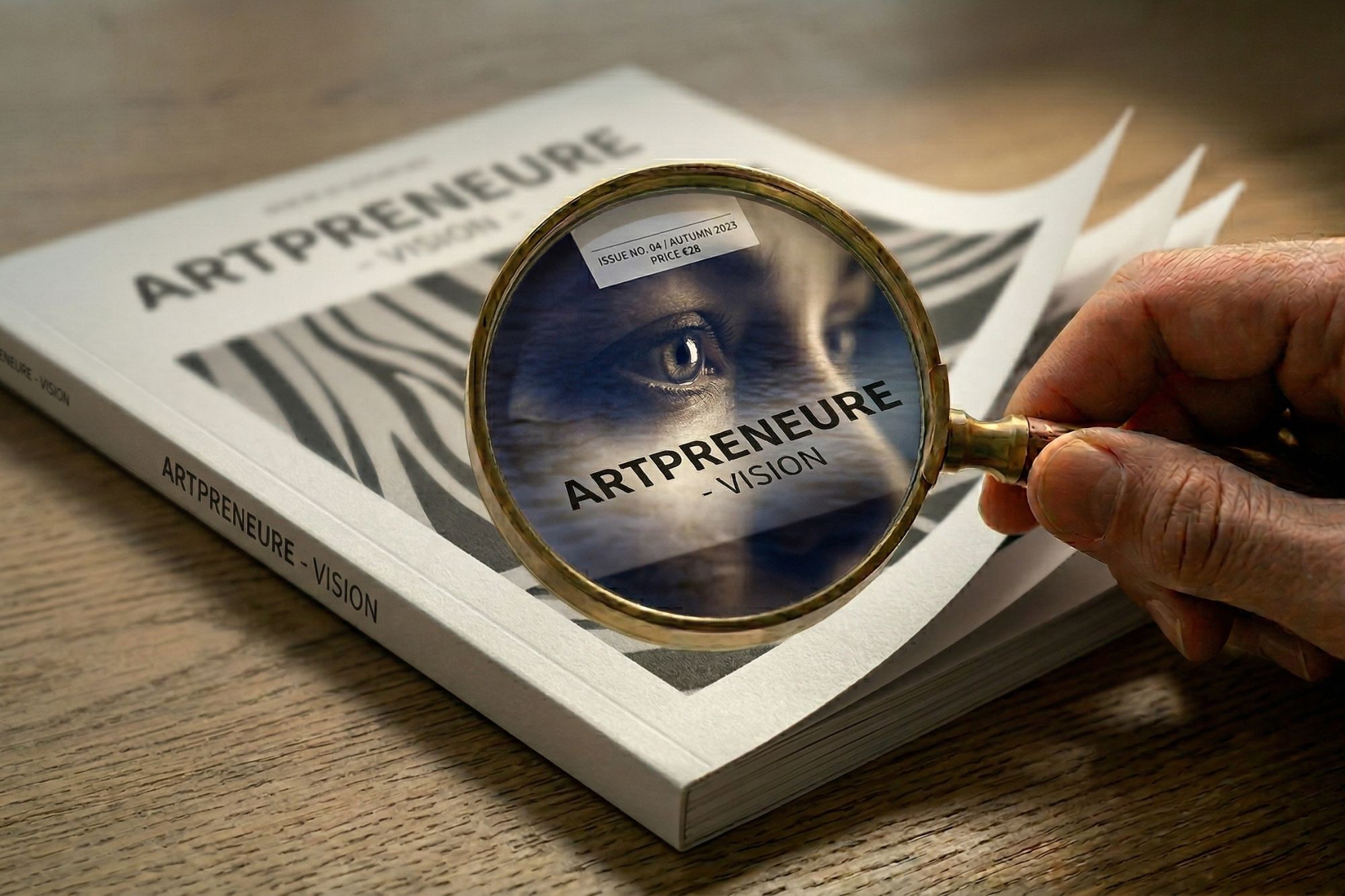 Eine Nahaufnahme einer Hand, die eine Messinglupe &uuml;ber ein offenes, hochwertiges Magazin auf einem Holztisch h&auml;lt. Der Titel des Magazins lautet &bdquo;ARTPRENEURE - VISION&ldquo;. Die Lupe vergr&ouml;&szlig;ert einen Teil des Covers und offenbart eine detaillierte Reflexion eines menschlichen Auges, das direkt in die Linse blickt. Innerhalb der Lupe ist auch das Branding &bdquo;ARTPRENEURE&ldquo; zu sehen. Mehrere Magazinseiten sind leicht umgebl&auml;ttert, was einen dynamischen Effekt erzeugt. Die Szene ist in warmes, nat&uuml;rliches Licht getaucht.