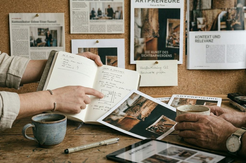 Ein Nahaufnahme-Foto im Artpreneure-Stil, das eine entspannte, professionelle Hand zeigt, die ein geschlossenes 'Artpreneure - Focus &amp; Flow'-Magazin sanft auf einen rustikalen Holzschreibtisch platziert. Daneben liegen ein offenes, dunkel eingebundenes Notizbuch mit handschriftlichen Notizen und Skizzen, ein Stift, eine minimalistische Artpreneure-Visitenkarte und ein Tablet mit der 'Artpreneure'-App. Die Szene ist frei von Geld, lauten Business-Symbolen oder Handschl&auml;gen. Das warme Licht betont die Texturen.