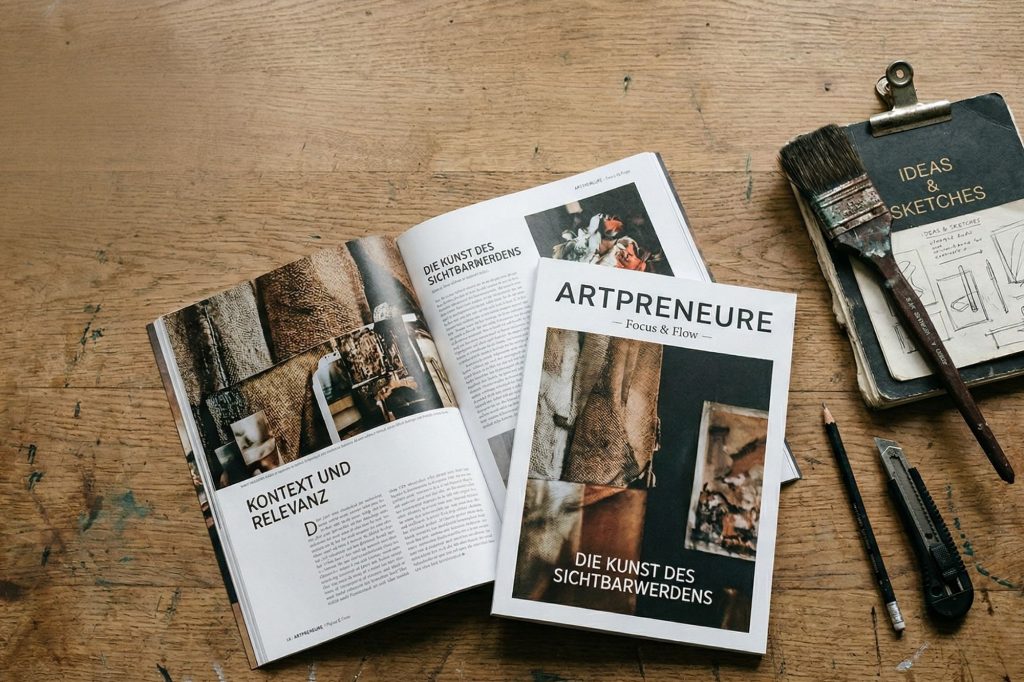 Ein minimalistisches Editorial-Flatlay-Foto aus der Vogelperspektive auf einer rustikalen Holzwerkbank in einem Künstleratelier. Ein offenes 'Artpreneure - Focus & Flow'-Magazin zeigt Artikel-Spreads über Relevanz und Sichtbarkeit. Daneben liegen präzise platzierte Künstlerwerkzeuge: ein Bleistift, ein Cutter, ein Notizbuch und ein Pinsel mit Farbresten. Der obere Bereich des Bildes bietet viel Negativraum für Text-Overlays. Die Szene vermittelt Professionalität, Kontext und strategische Relevanz.