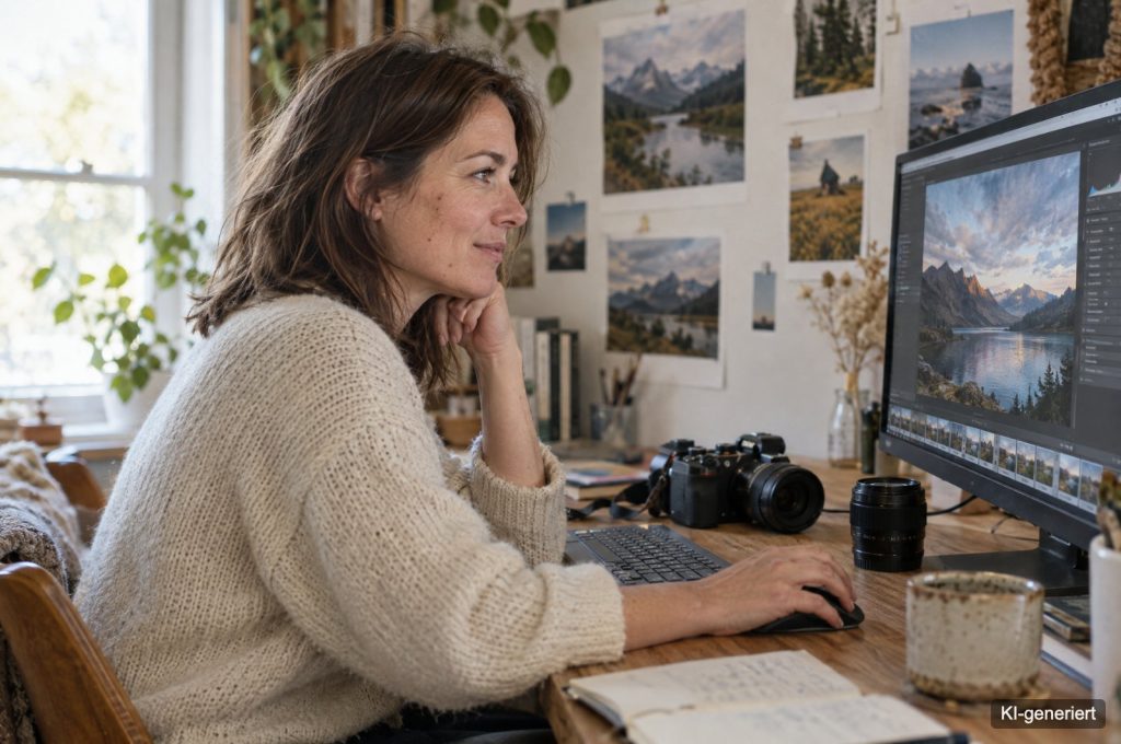 Fotografin sitzt an ihrem Schreibtisch und bearbeitet ein Landschaftsfoto am großen Monitor, daneben Kamera, Objektiv und Notizbuch (KI-generiertes Bild)