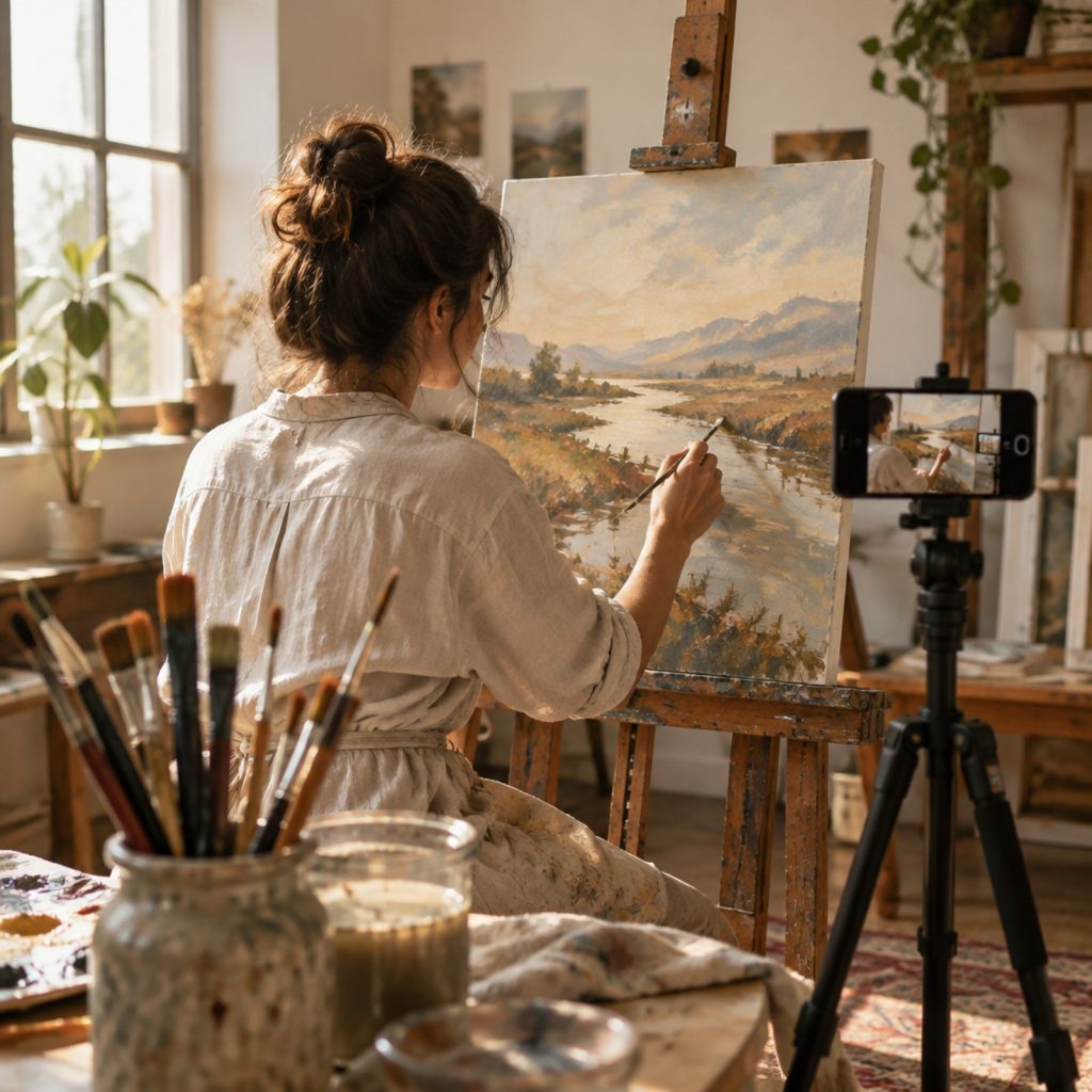 Instagram 2026: Warum Likes kaum noch zählen und was Künstler jetzt tun können 2 Künstlerin filmt in ihrem Atelier ein Gemälde im Entstehen mit dem Smartphone (KI-generiert)