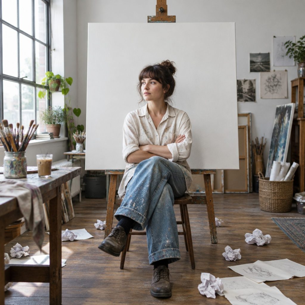 Kreative Blockaden: Was Atelier und Bühne gemeinsam haben 2 Malerin sitzt mit verschränkten Armen vor einer leeren Leinwand im Atelier (KI-generiert)