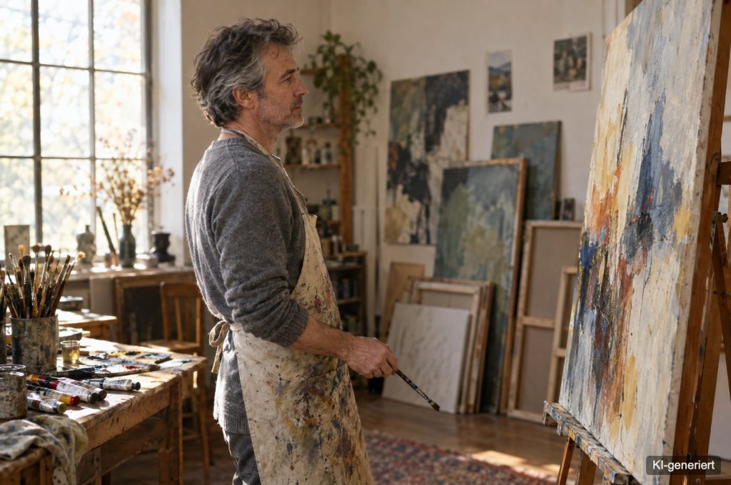 Maler steht in seinem lichtdurchfluteten Atelier und betrachtet nachdenklich ein großes abstraktes Gemälde (KI-generiertes Bild)