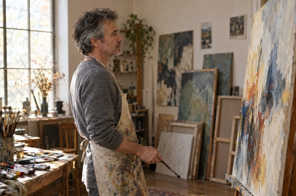 Maler steht in seinem lichtdurchfluteten Atelier und betrachtet nachdenklich ein großes abstraktes Gemälde (KI-generiertes Bild)