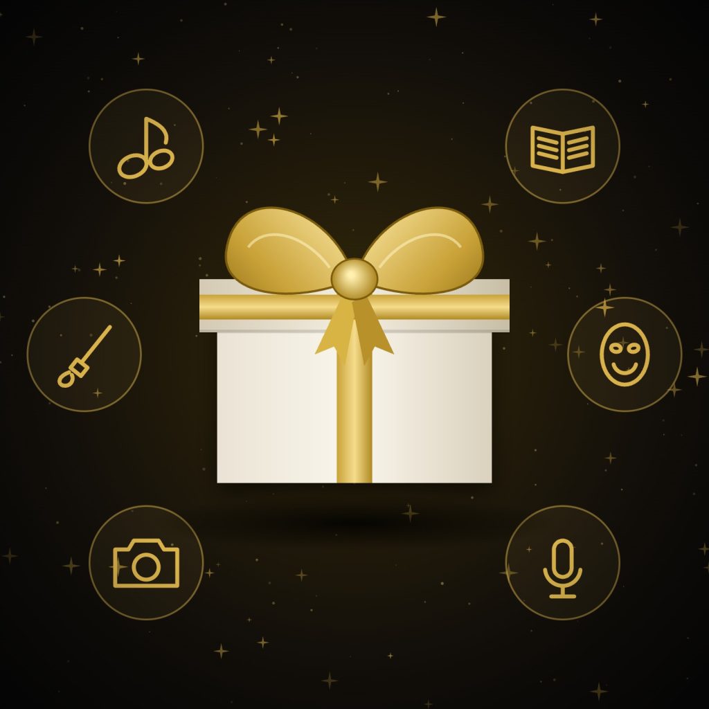 Goldene Geschenkschleife auf einer Geschenkbox, umgeben von Symbolen für Musik, Literatur, Malerei, Theater, Fotografie und Gesang