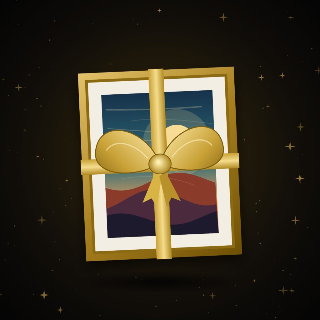 Gerahmtes Gemälde mit goldener Geschenkschleife vor dunklem Hintergrund mit goldenen Sternen